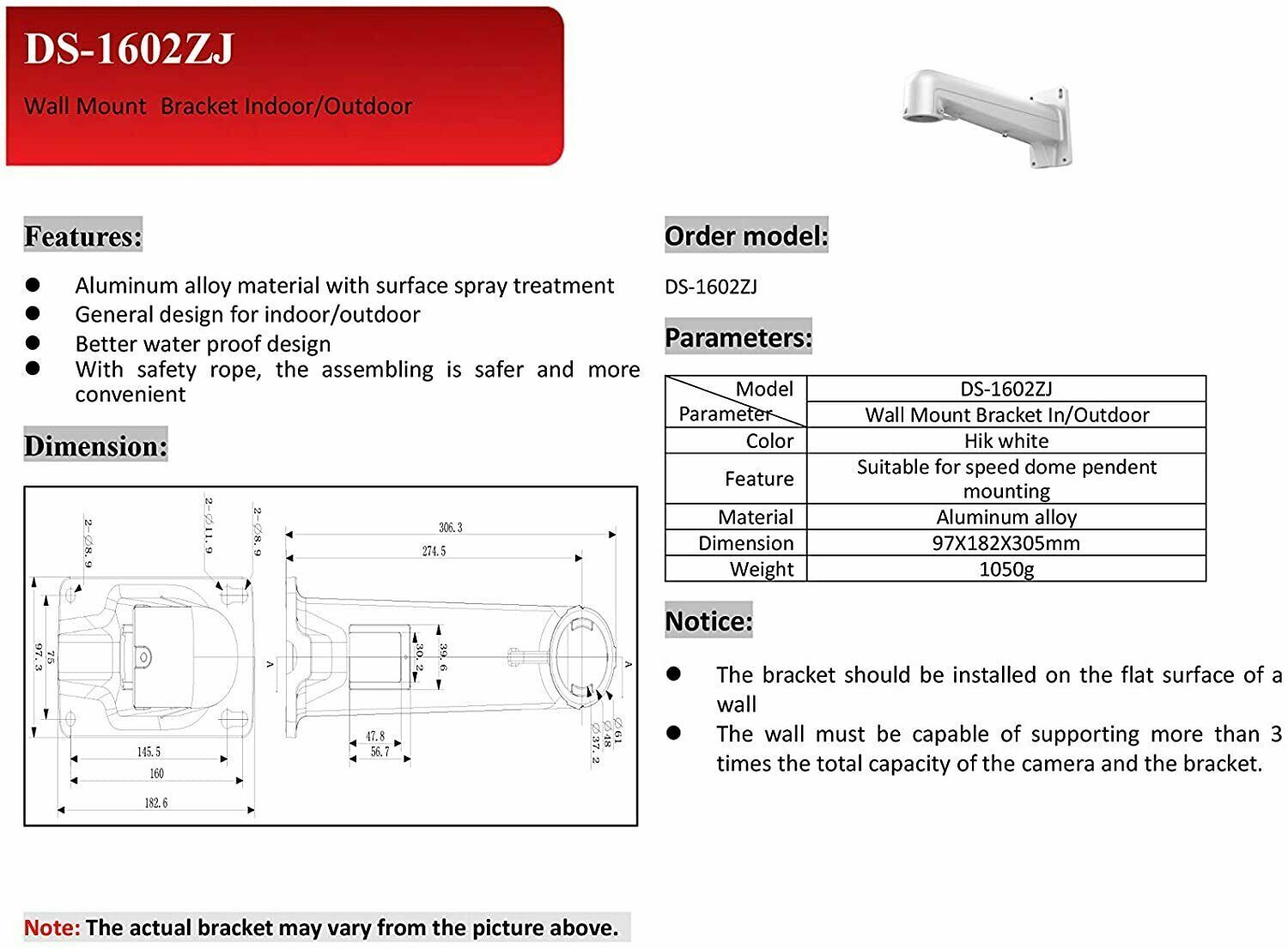 HIKVISION PTZ WALL MOUNT DS-1602ZJ Wall Mount Bracket Aluminium Alloy Original